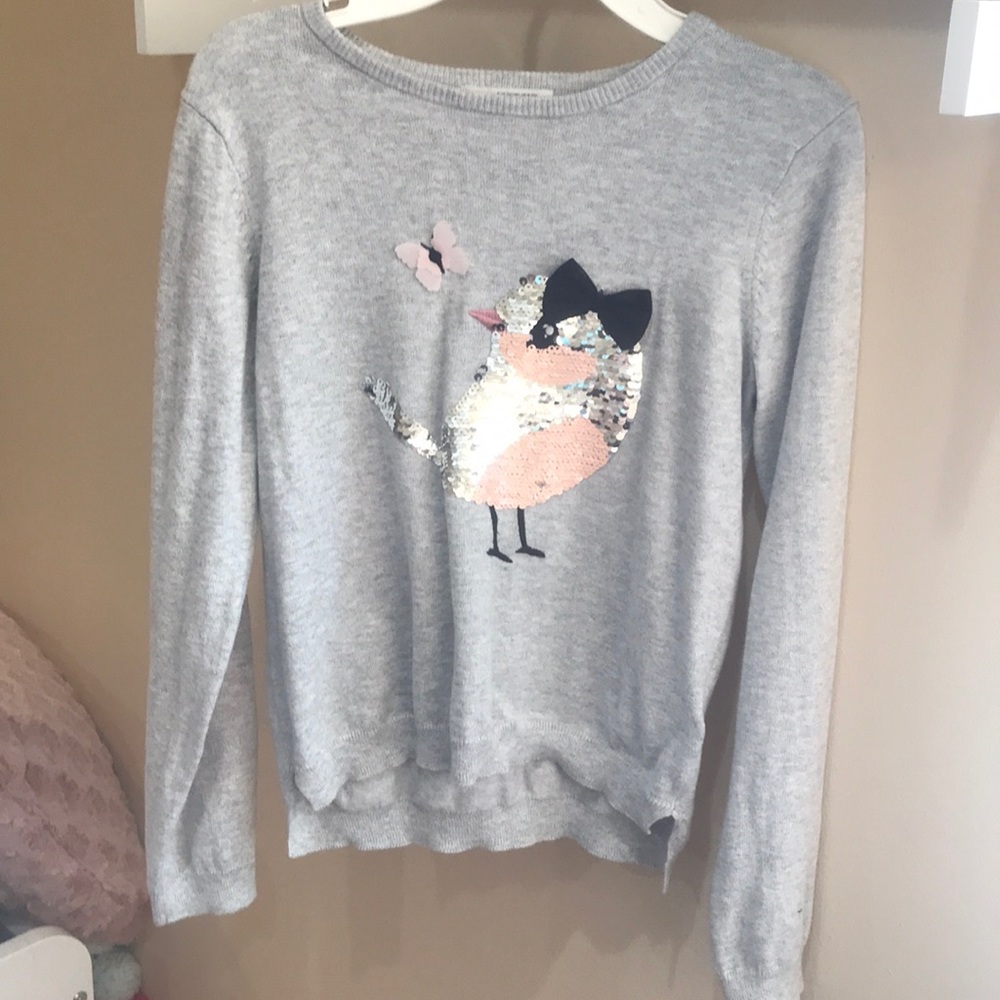 grey sweatshirt with pink and silver sequin flip